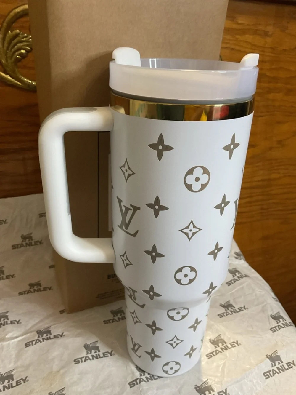 Stanley White Travel Mug with Gold Monogram Accents - Picture 5 of 6